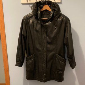 Black Leather Hooded 3/4 Length Coat Men's Size M Vintage 1980's EUC